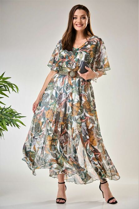 Повседневное платье Anastasia 885 зеленый+беж.пояс