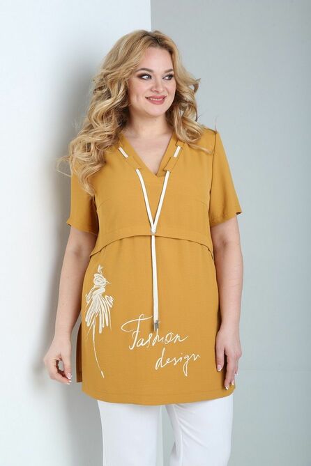 Брюки, Блуза Ксения Стиль 1879 горчица-белый