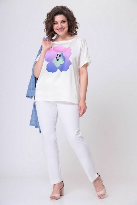 Кардиган, Брюки, Блуза Ladis Line 1455 белый+голубой