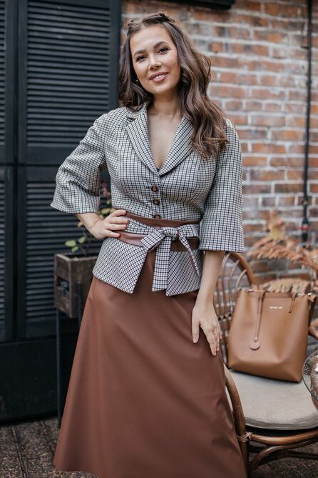 Юбочный костюм Мода-Юрс 2618-2 коричневый+гусиная_лапка