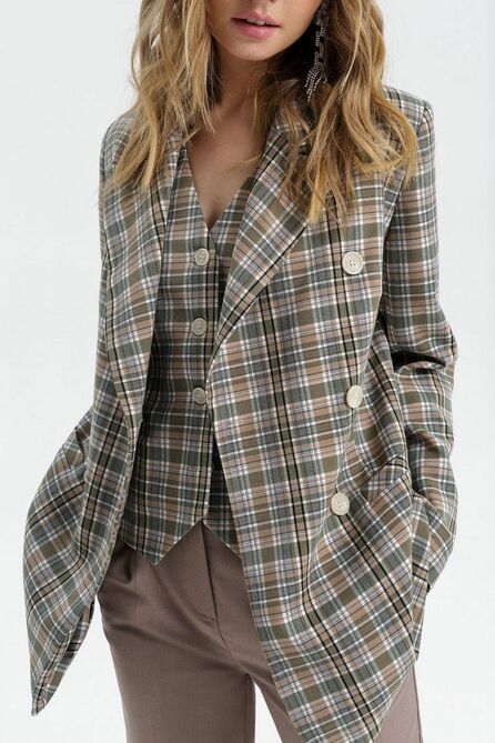 Брюки, Жакет, Жилет PIRS 2544 зелено-бежевый_клетка