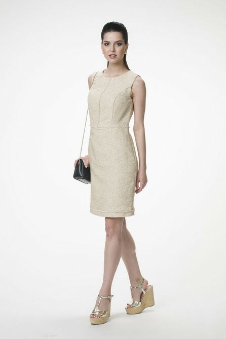 Офисное платье Stilville 17С1323 горчица,молочный