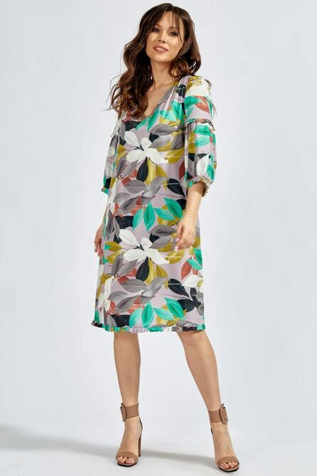 Повседневное платье Teffi style L-1639 листья_на_сером