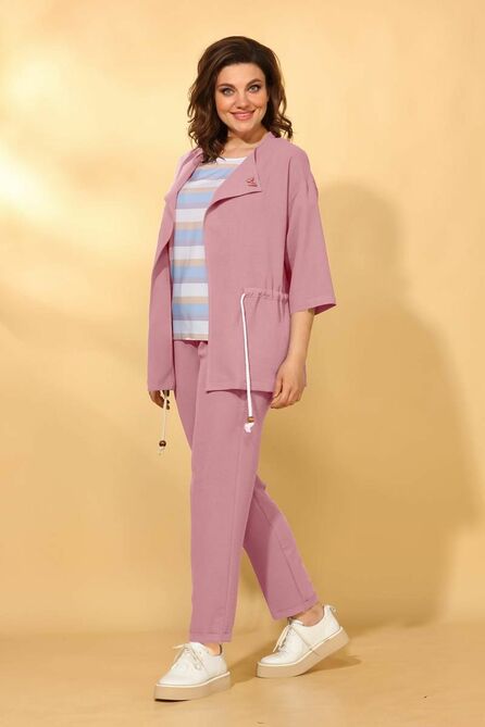 Кардиган, Брюки, Блуза Vilena 584 пудра+полоска