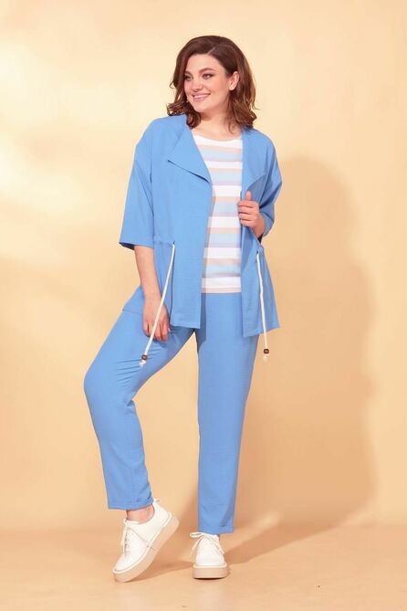Кардиган, Брюки, Блуза Vilena 584 голубой+полоска