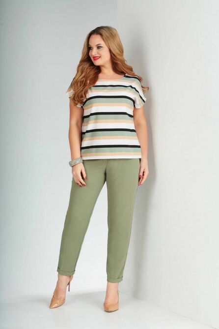 Кардиган, Брюки, Блуза Vilena 584 полынь+полоска