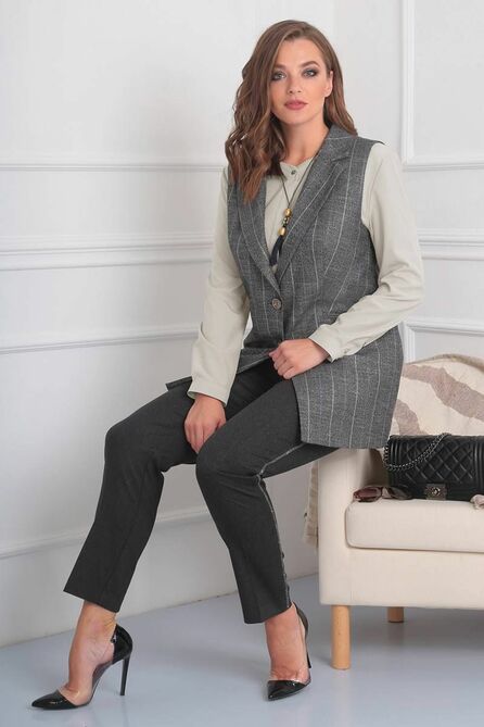 Брюки, Блуза, Жилет Viola Style 30489 бежевый_-_серый_в_полоску_-_графит